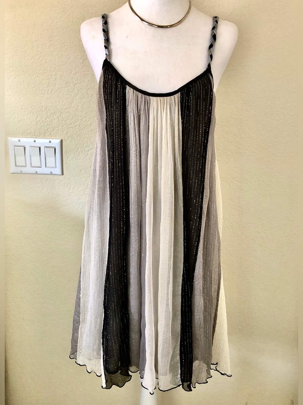 SUGARLIPS Flowy Black Ivory and Gray Strappy Dress w/Metallic Thread